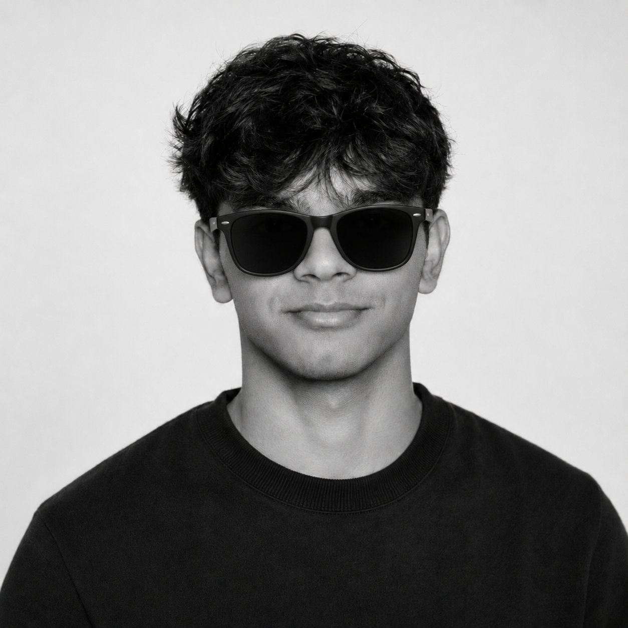 Black and white headshot of Veer Patel wearing sunglasses
